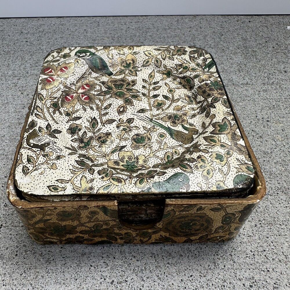 Vtg MCM‎ Alcohol Proof Japan Coaster Set of 8 Floral Birds Paper Mache Barware